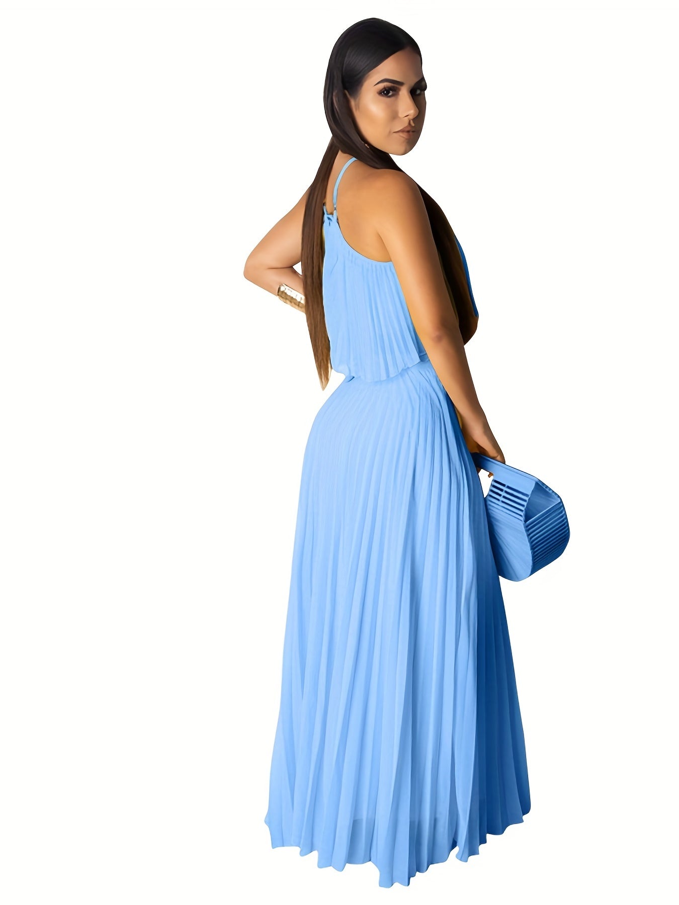 xieyinshe  Solid Pleated Two-piece Set, Spaghetti Sleeveless Top & High Waist Maxi Skirts Outfits, Women's Clothing