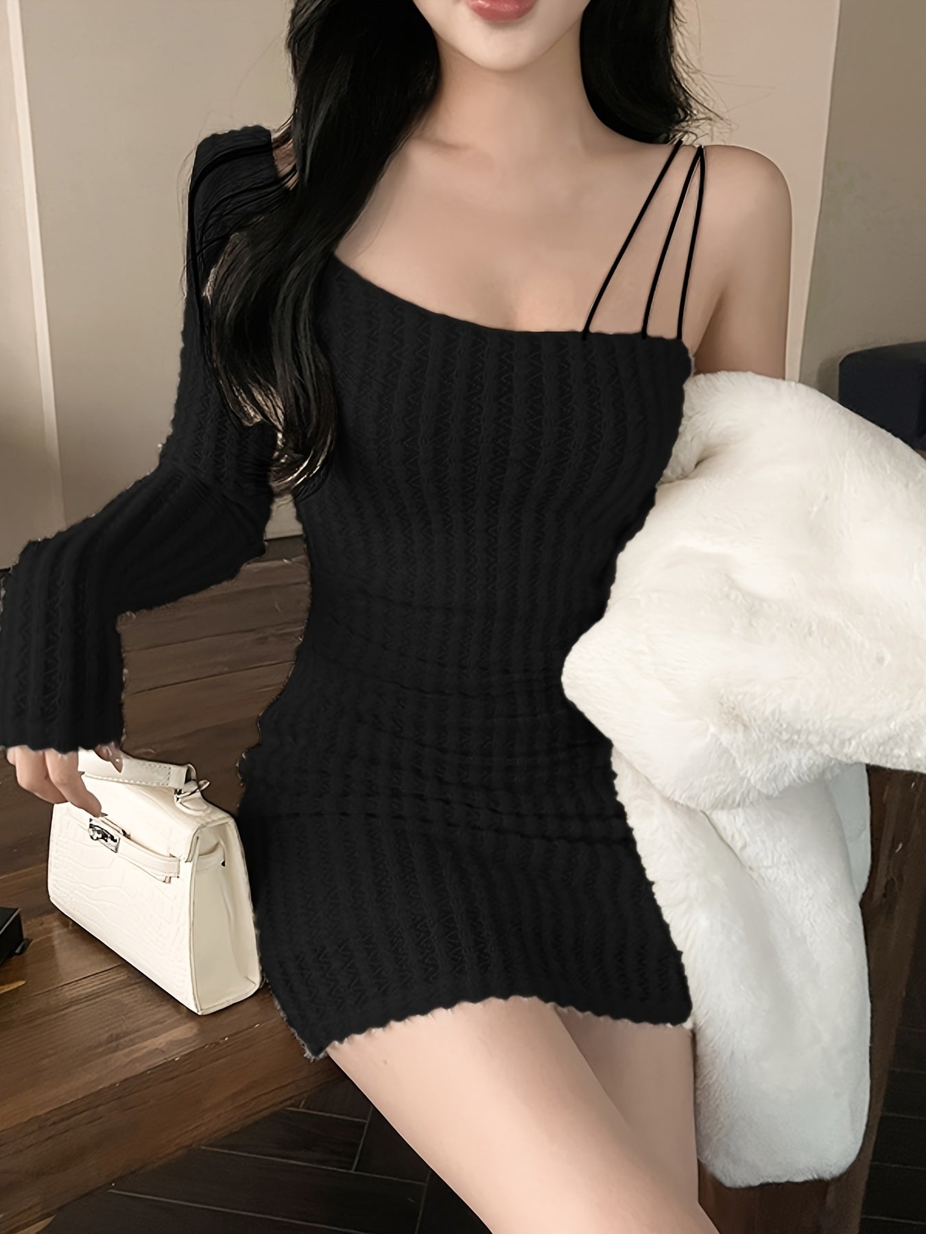 xieyinshe  Solid Asymmetrical Neck Bodycon Dress, Sexy Long Sleeve Mini Dress For Spring & Fall, Women's Clothing