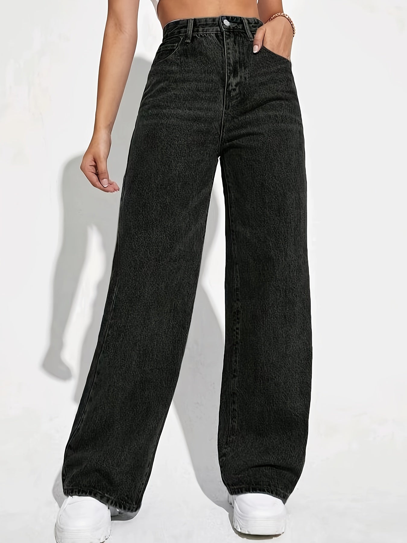 xieyinshe  Plain Loose Fit Baggy Jeans, Slant Pockets Non-Stretch Casual Wide Legs Jeans, Women's Denim Jeans & Clothing