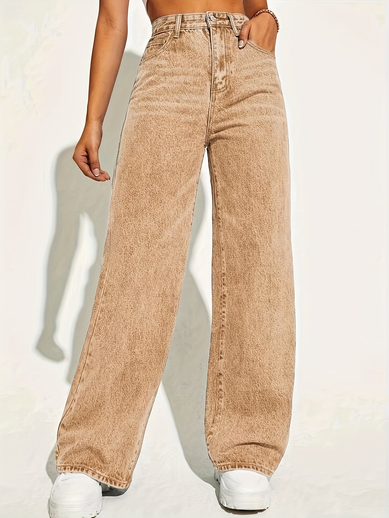 xieyinshe  Plain Loose Fit Baggy Jeans, Slant Pockets Non-Stretch Casual Wide Legs Jeans, Women's Denim Jeans & Clothing