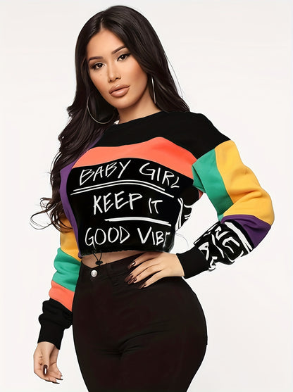 xieyinshe  Color Block Letter Print Pullover Sweatshirt, Casual Long Sleeve Crew Neck Sweatshirt For Fall & Winter, Women's Clothing