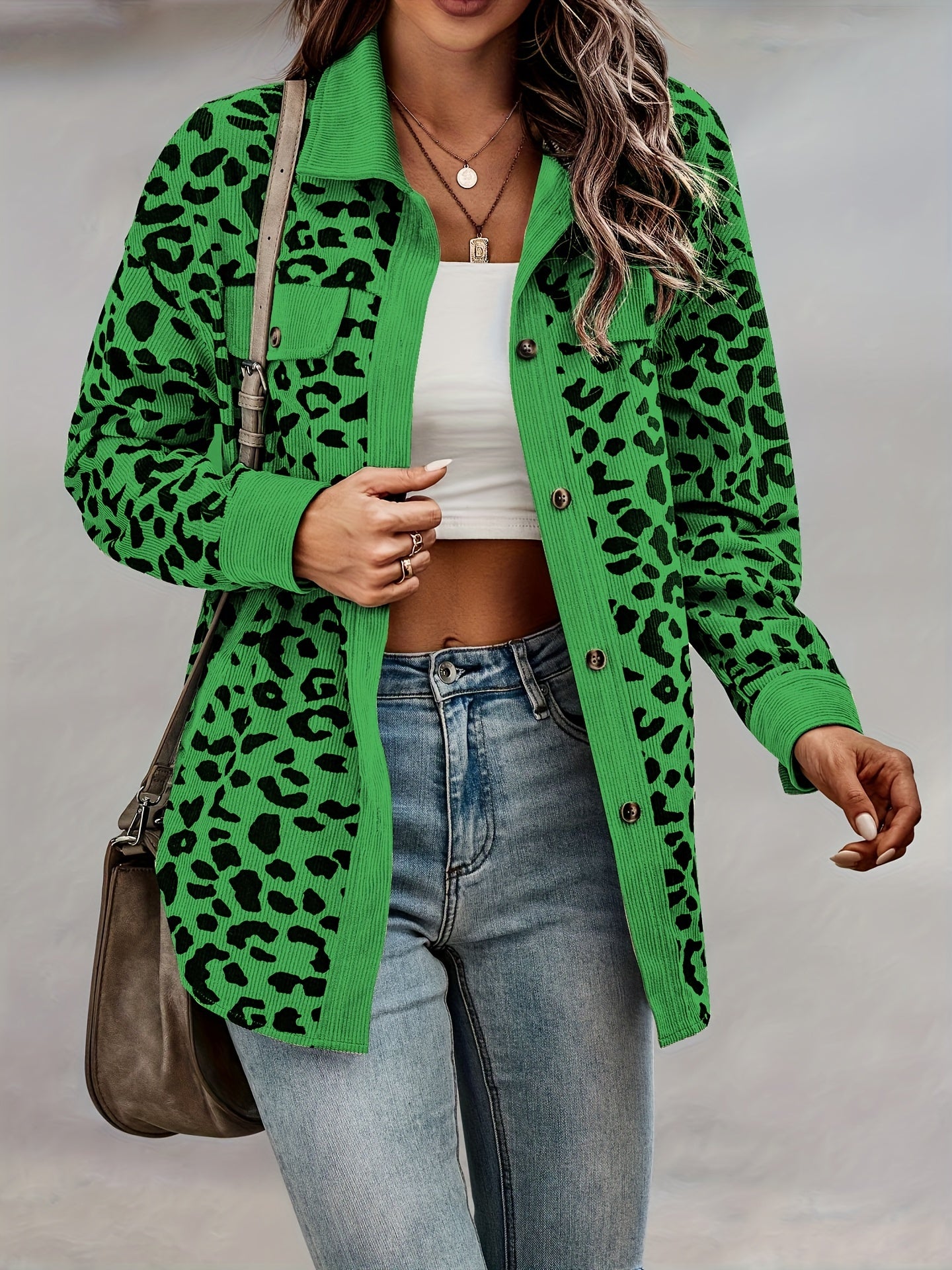 xieyinshe Leopard Print Shacket Jacket, Casual Button Front Turn Down Collar Long Sleeve Outerwear, Women's Clothing