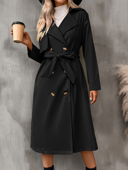 xieyinshe Double Breasted Belted Trench Coat, Vintage Solid Lapel Drop Shoulder Overcoat, Women's Clothing