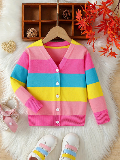 Girls Fashionable Lightweight Rainbow Knitted Cardigan - Soft Fall Spring Sweater Coat for Little Fashionistas Seasonal Transition