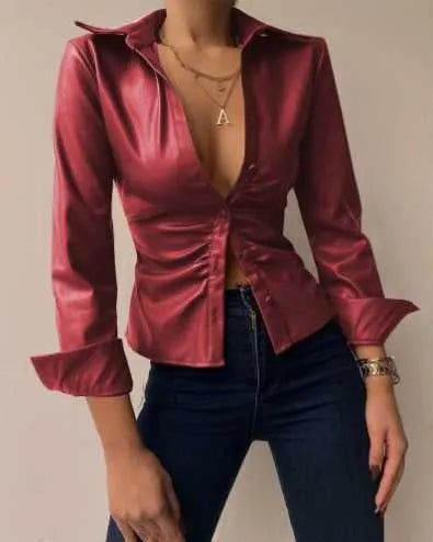 Women's Blouses Shirts  New Fashion Popular Spring Long Sleeve V-Neck PU Leather Splice Women's Shirt Women Y2303