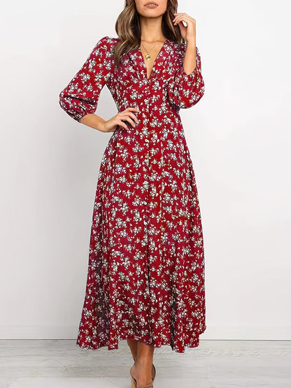 xieyinshe  Vacation Ditsy Floral Print Dress, V Neck High Waist Maxi Dresses , Women's Clothings