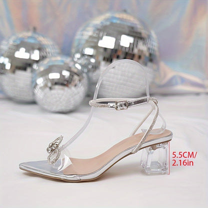 xieyinshe  Women's Chunky Heeled Sandals, Rhinestone Bow Ankle Strap Mid Heels, All-Match Stylish Wedding Party Shoes