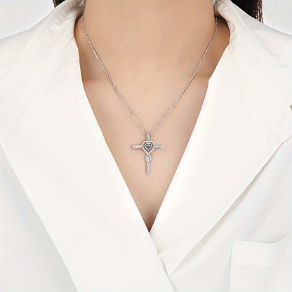 2PCS 925 Sterling Silver Women's Chain Necklace With Cross Pendant, Hypoallergenic Necklace Gift Fashion Cross Religious Belief Inlaid Zircon Pendant