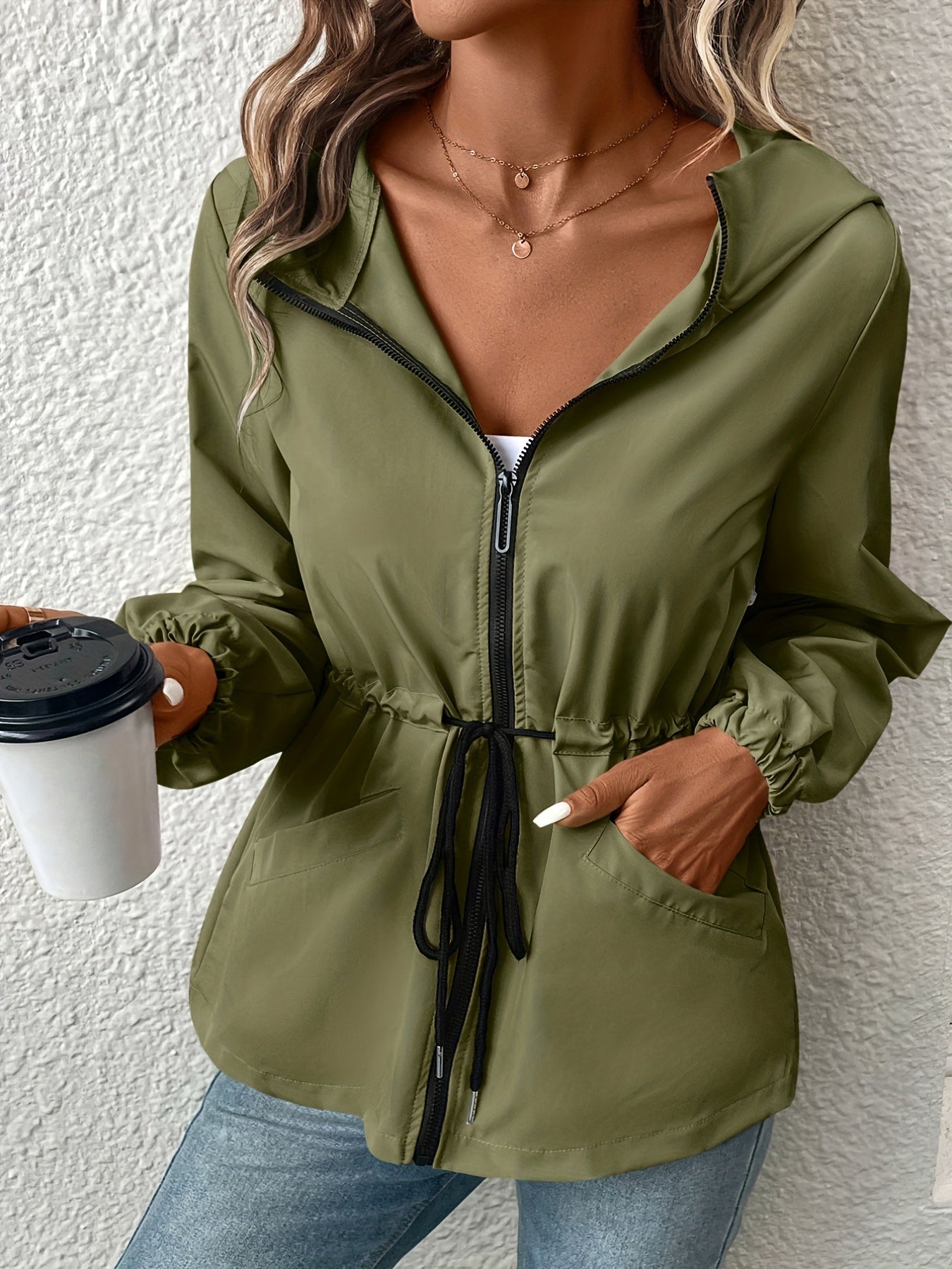 xieyinshe Solid Drawstring Windproof Jacket, Casual Long Sleeve Hooded Zip Up Outerwear With Pockets, Women's Clothing