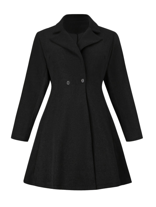 xieyinshe Plus Size Casual Coat, Women's Plus Solid Double Breast Button Long Sleeve Lapel Collar Nipped Waist Tunic Overcoat