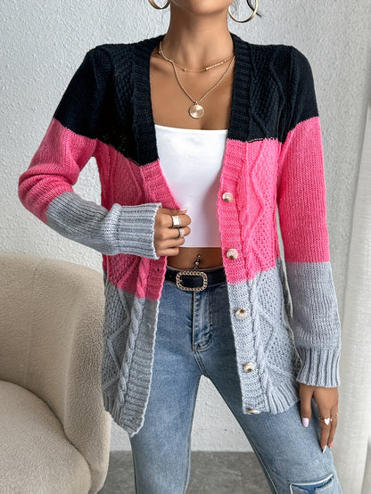 xieyinshe  Color Block Button Front Cardigan, Casual Long Sleeve Cardigan For Spring & Fall, Women's Clothing