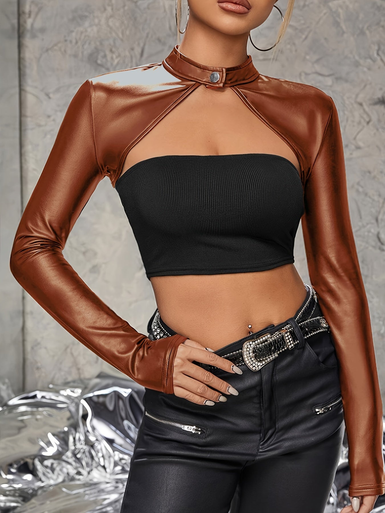 xieyinshe  Solid Faux Leather Crop Top, Vintage Long Sleeve Crop Top For Spring & Fall, Women's Clothing