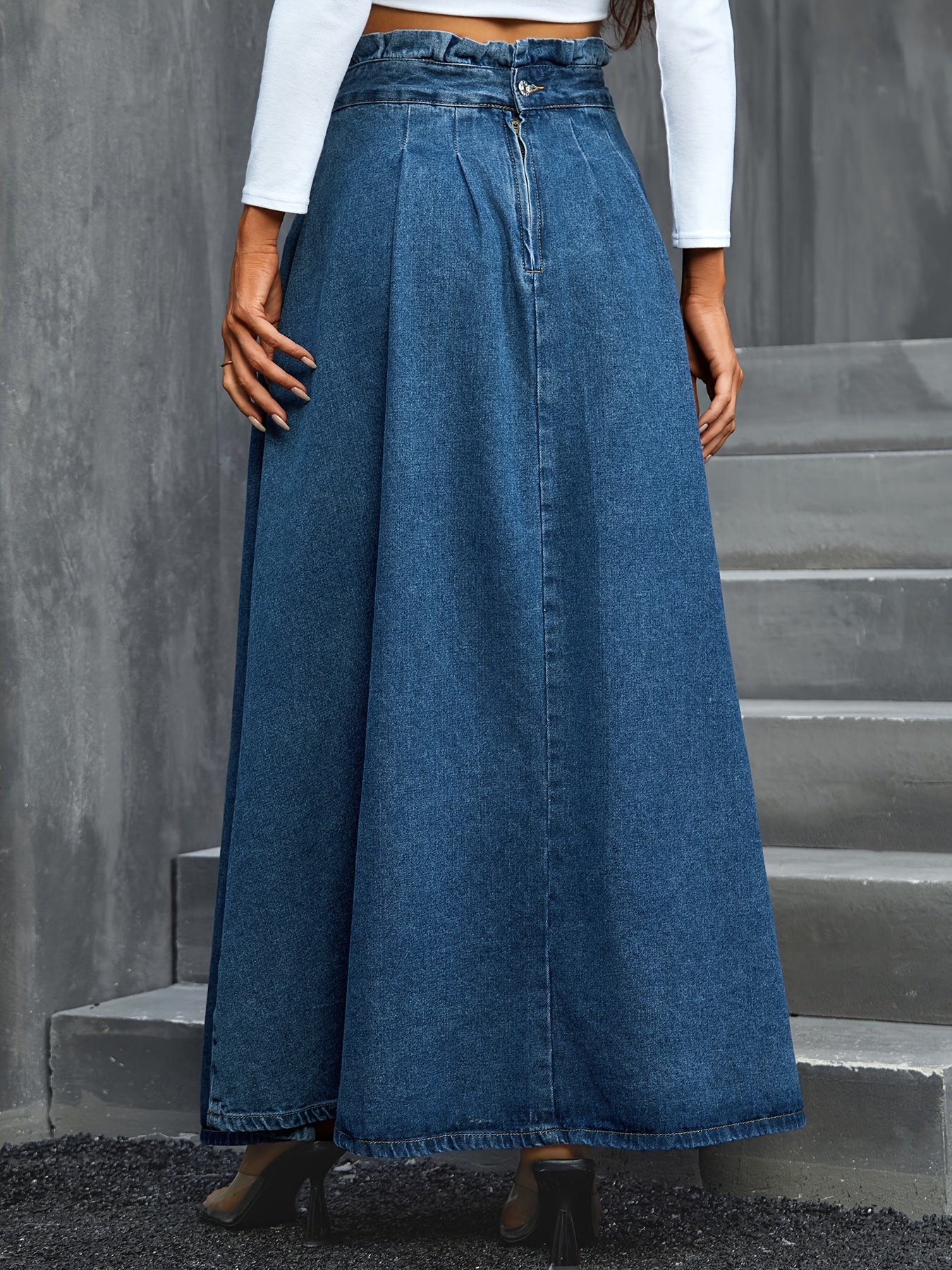 xieyinshe  Blue Paperbag Waist Denim Maxi Skirt, Non-Stretch Elegant Denim Skirt, Women's Denim Clothing