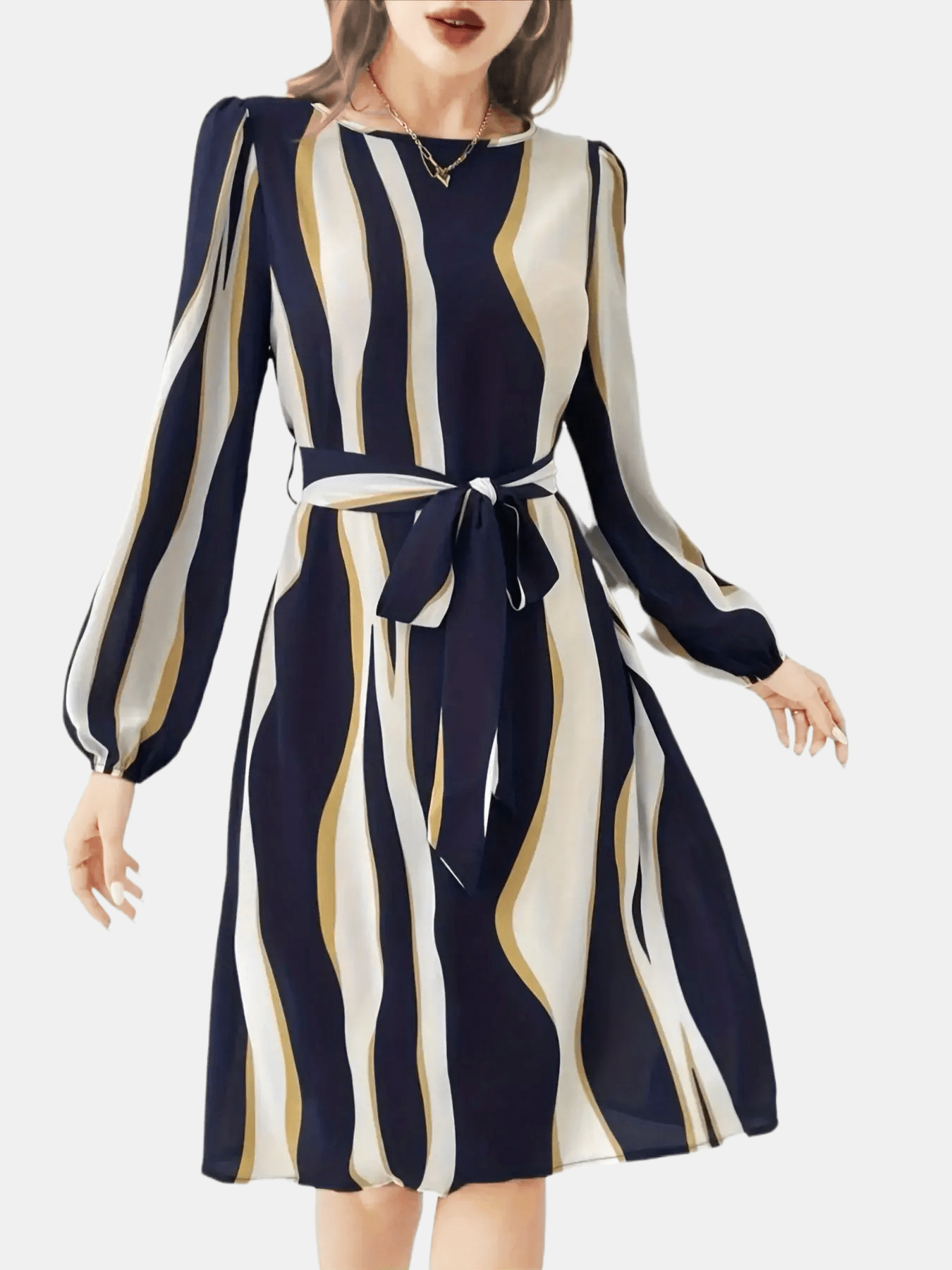 xieyinshe  Wavy Stripe Print Dress, Casual Keyhole Long Sleeve Dress, Women's Clothing