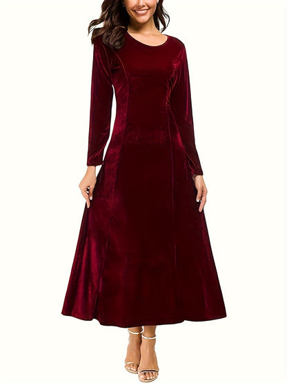 xieyinshe Plus Size Casual Dress, Women's Plus Solid Velvet Long Sleeve Round Neck Maxi Dress