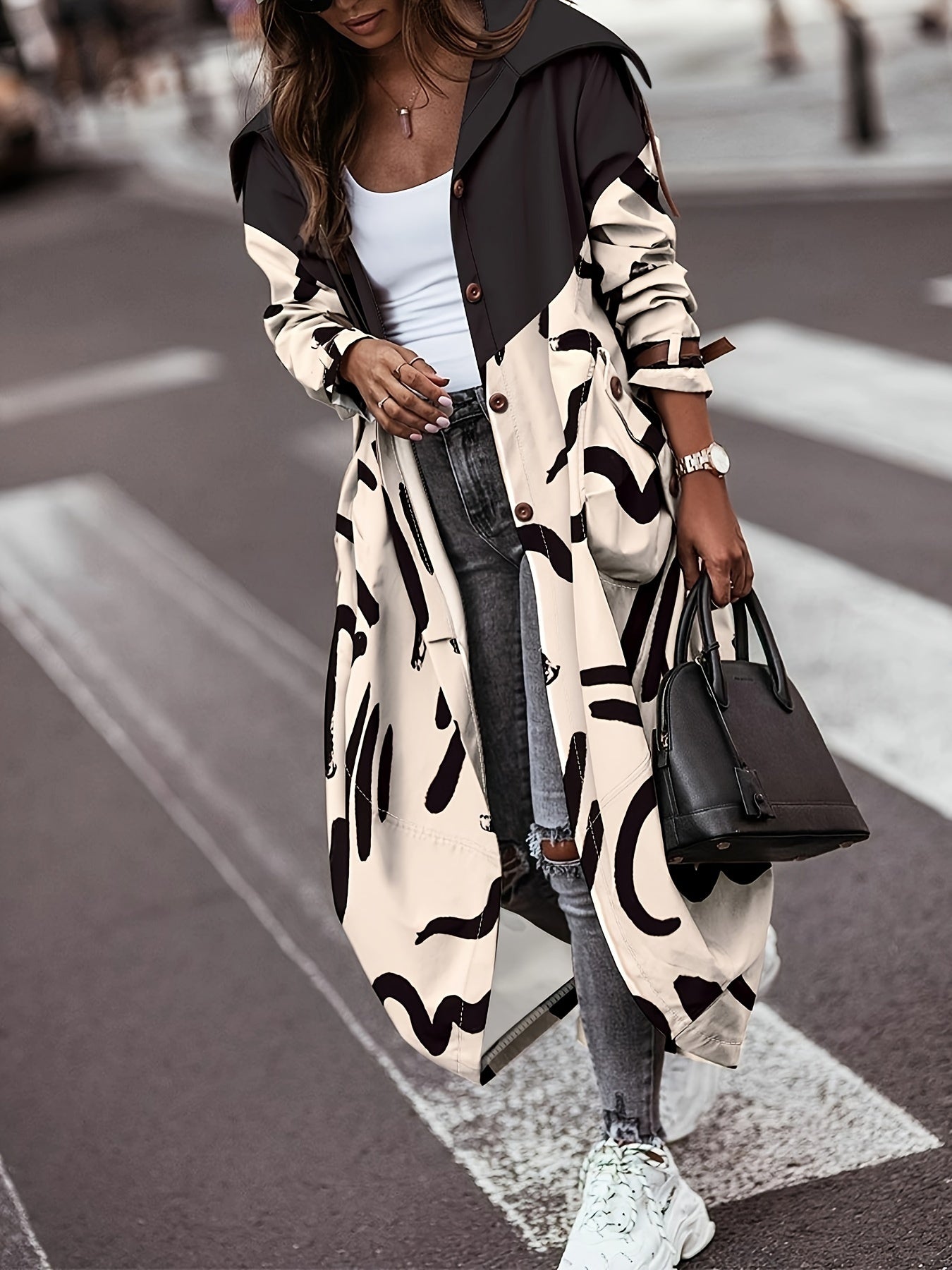 Abstract Print Long Length Jacket, Casual Button Front Long Sleeve Outerwear, Women's Clothing