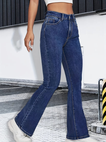 Plain High Stretch Flare Leg Jeans, High Rise Slash Pocket Washed Solid Color Bell Botton Retro Denim Pants, Women's Denim Jeans & Clothing