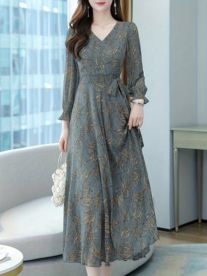 xieyinshe  Floral Pattern Midi Dress, Vintage V Neck Long Sleeve Dress, Women's Clothing