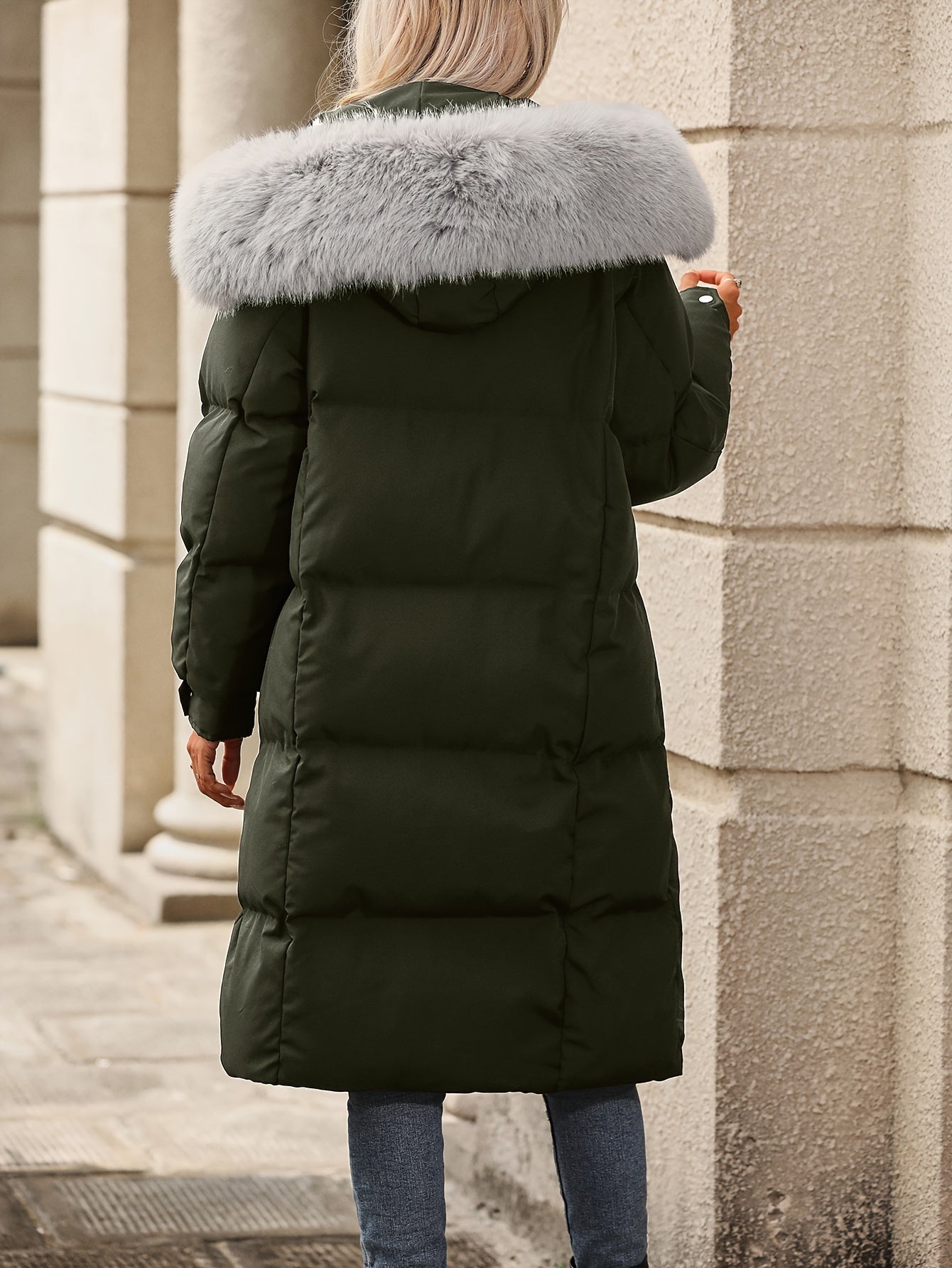 xieyinshe  Fluffy Trim Warm Hooded Coat, Casual Button Front Long Sleeve Winter Outerwear, Women's Clothing