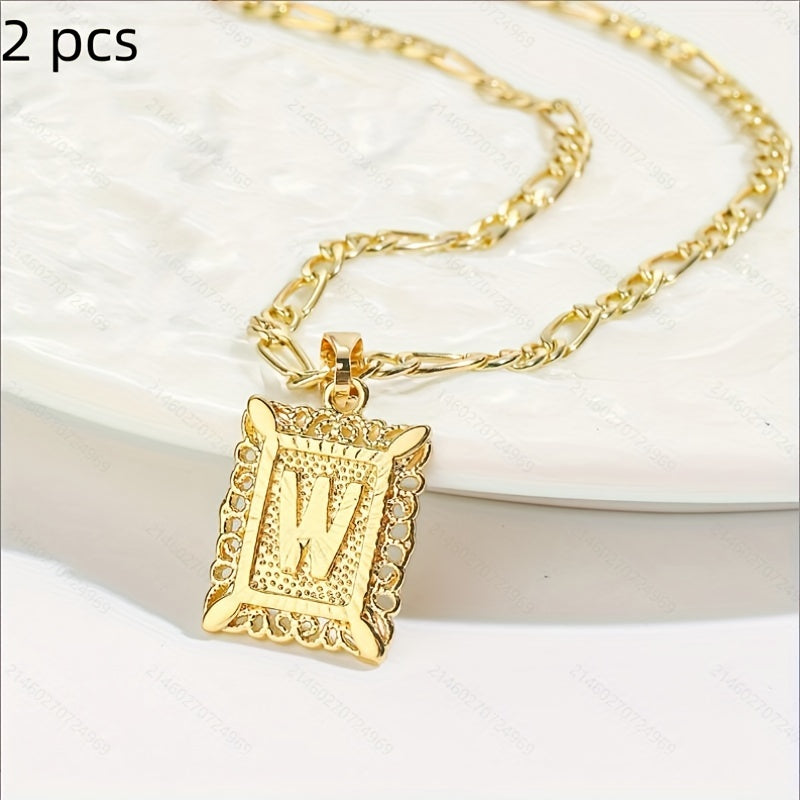 2 pcs Personalized Initial Letter Pendant Necklace - 18K Gold Plated Square Capital Monogram in Figaro Chain - Fashionable Alloy Necklace for Men and Women with A-Z Alphabet Options