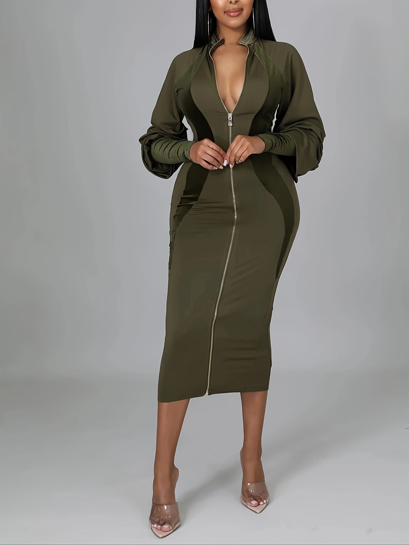 Zip Up Bodycon Dress, Casual Long Sleeve Solid Midi Dress, Women's Clothing