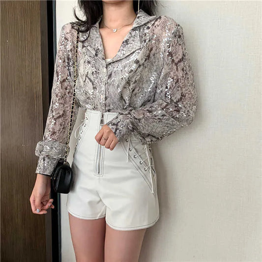 Women's Blouses Shirts Snake Print Sequined Blouse Glitter Ladies Top Long Sleeve Button Down Shirt For Women Autumn Blouse Korean Fashion Shorts Suits 220923