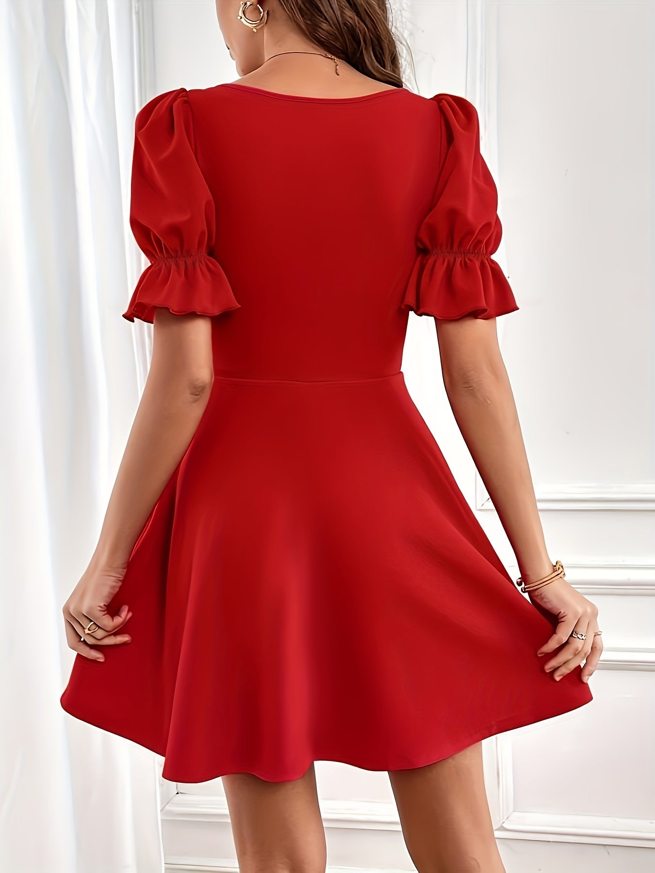 xieyinshe Solid Square Neck Dress, Elegant Puff Sleeve A-line Dress, Women's Clothing