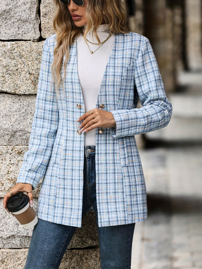 xieyinshe  Plaid Print Button Front Coat, Elegant Long Sleeve V Neck Tunic Jacket For Fall & Winter, Women's Clothing