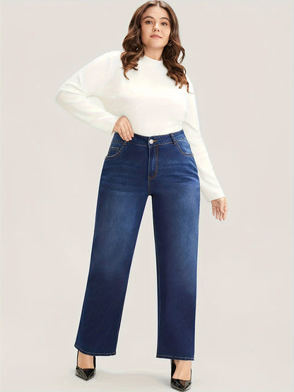 xieyinshe  Plus Size Basic Jeans, Women's Plus Solid Button Fly High Rise Medium Stretch Wide Leg Jeans