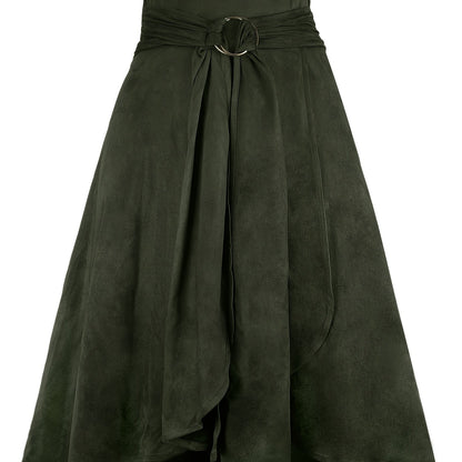 Solid Belted Ring Ruffle Hem Skirt, Elegant Midi Skirt For Spring & Summer, Women's Clothing