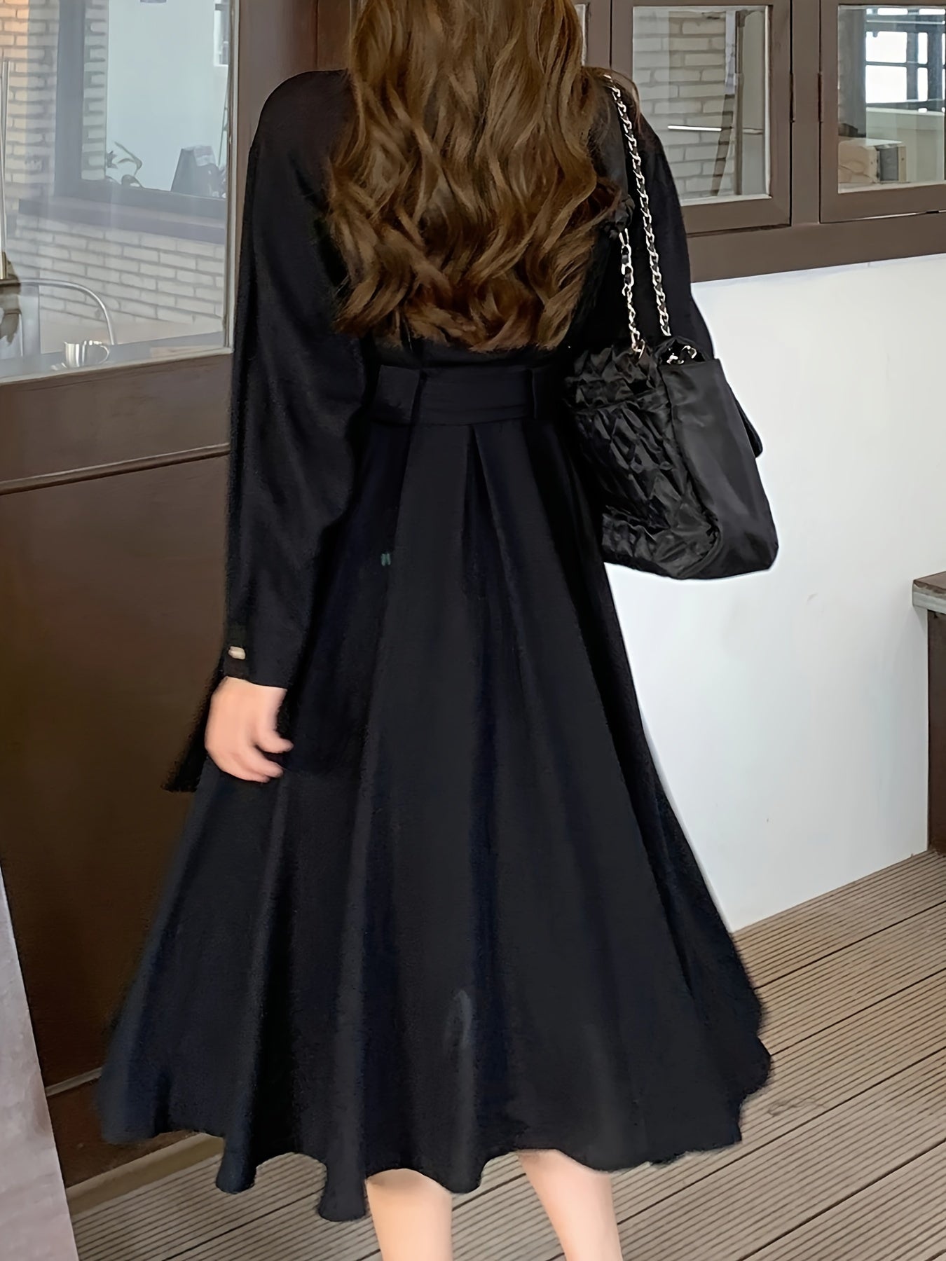 xieyinshe  Solid Lapel Neck Belt Dress, Elegant Long Sleeve Flare Midi Dress, Women's Clothing