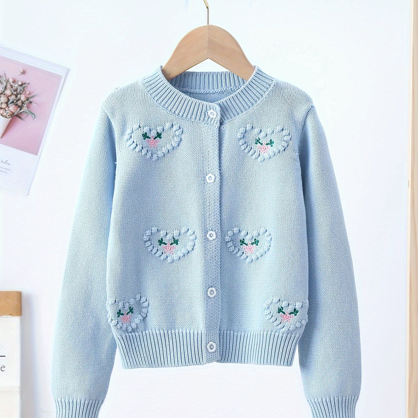 Girls Adorable Heart Embellished Pure Cotton Long Sleeve Jacquard Knit Cardigan Sweater for Everyday Fashion