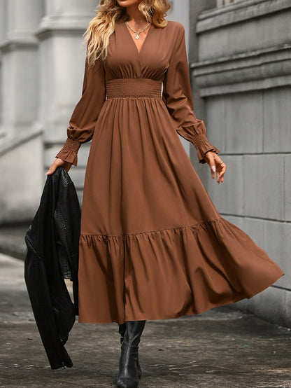 xieyinshe  Shirred High Waist Solid Dress, Elegant V Neck Long Sleeve Dress, Women's Clothing