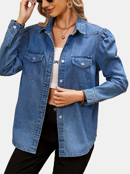 Blue Long Sleeves Denim Top, Flap Pockets Single-Breasted Button Lapel Versatile Denim Top, Women's Denim Clothing