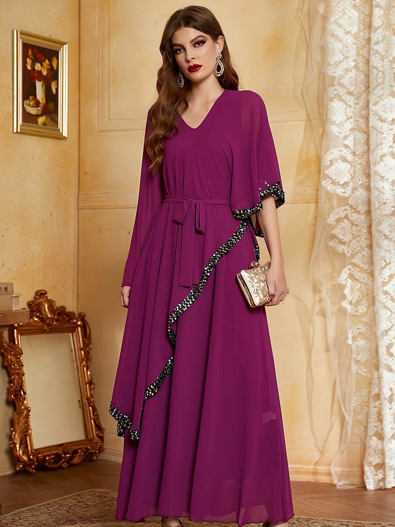 Contrast Trim Asymmetric Sleeve Dress, Elegant V Neck Tiered Dress For Party & Banquet, Women's Clothing