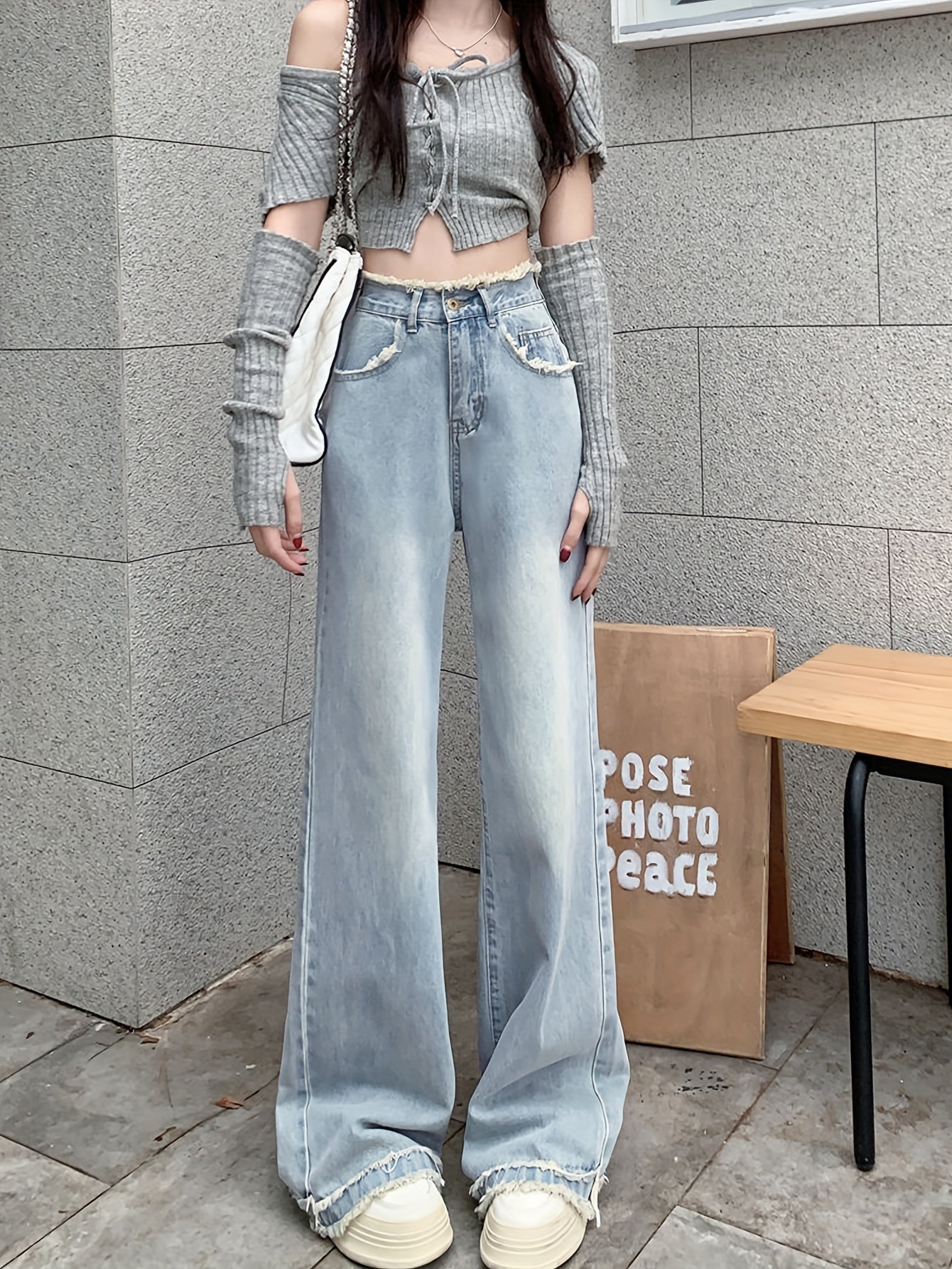 xieyinshe  Raw Hem High Rise Wide Leg Jeans, Slash Pocket Loose Fit Washed Blue Denim Pants, Women's Denim Jeans & Clothing