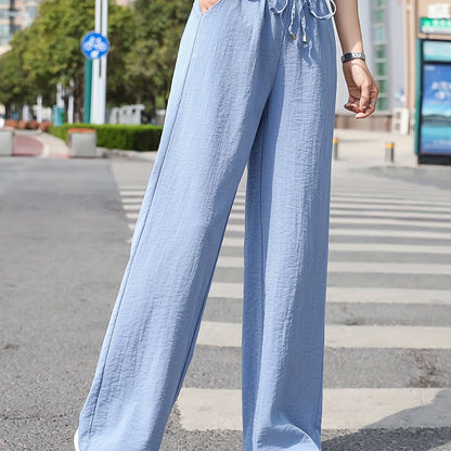 xieyinshe  Minimalist Solid Drawstring Pants, Casual Long Length Elastic Waist Wide Leg Pants, Women's Clothing