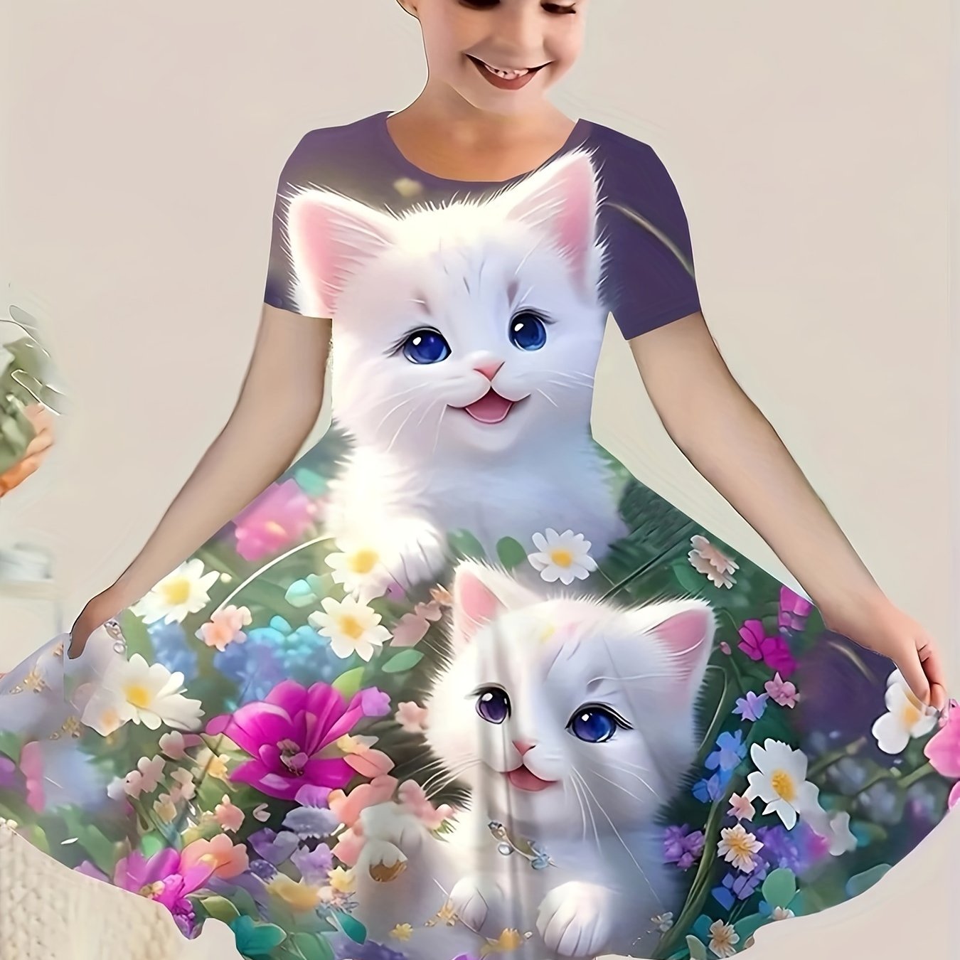 3D Cat Print Girls Dress - Short Sleeve Casual Crew Neck - Adorable Summer Fashion with Fun Prints - Comfortable & Lightweight, Perfect Gift for Little Fashionistas