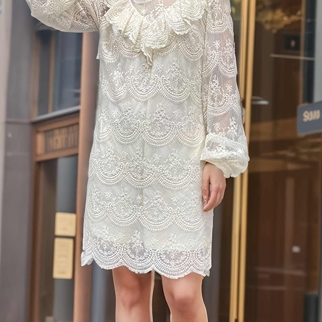 Contrast Lace Ruffle Trim Dress, Elegant Solid Long Sleeve Dress, Women's Clothing