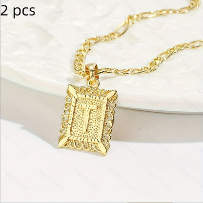 2 pcs Personalized Initial Letter Pendant Necklace - 18K Gold Plated Square Capital Monogram in Figaro Chain - Fashionable Alloy Necklace for Men and Women with A-Z Alphabet Options