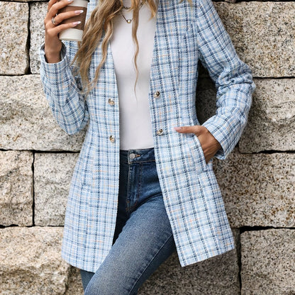 xieyinshe  Plaid Print Button Front Coat, Elegant Long Sleeve V Neck Tunic Jacket For Fall & Winter, Women's Clothing