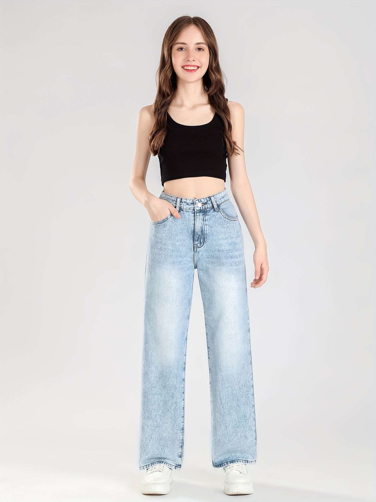 xieyinshe  Teen Girls Trendy Light-Washed High Waist Jeans Wide-Leg Denim Pants, Versatile Trousers For Youth Outwear