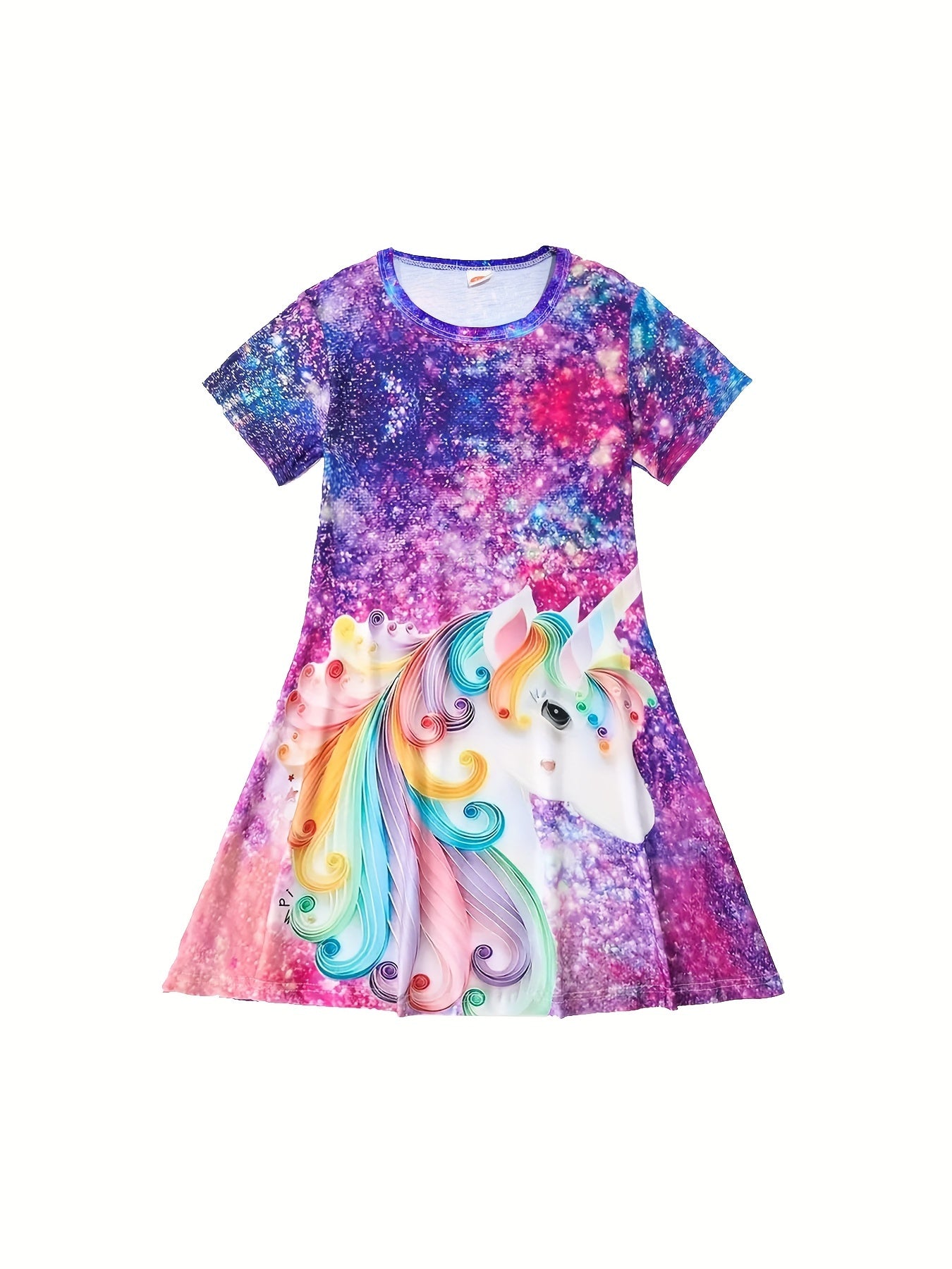 Midi Length Fitted Girls Starry Unicorn Digital Print Crew Neck Short Sleeve Casual Party Dress with Slight Stretch and Flared Hem