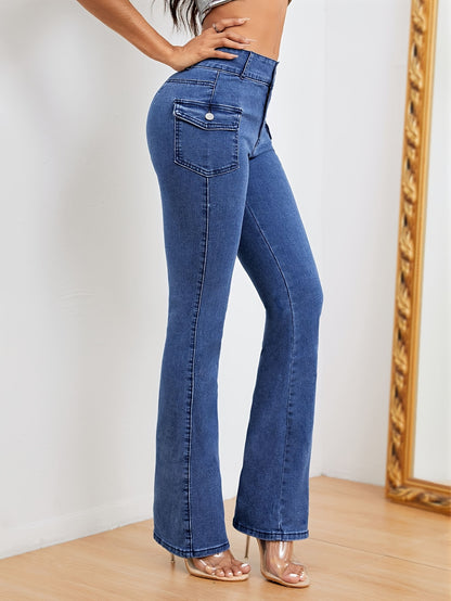 xieyinshe  Plain Flap Pockets Cargo Flare Jeans, High Stretch Mid Waist Bell Bottom Jeans, Women's Denim Jeans & Clothing