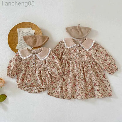 Girl's Dresses Korean Style Sister Clothes Kids Party Dress Baby Girls Rompers Floral Printing Long Sleeve Autumn Spring Girls Princess Dress