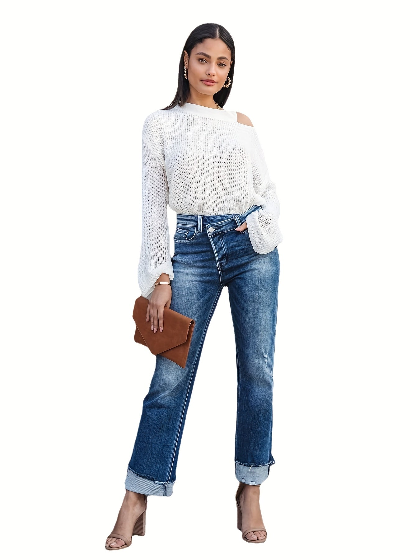 xieyinshe  Plus Size Casual Jeans, Women's Plus Solid Ripped Raw Trim Button Fly Irregular High Rise High Stretch Roll Up Jeans