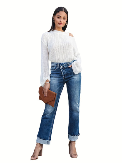 xieyinshe  Plus Size Casual Jeans, Women's Plus Solid Ripped Raw Trim Button Fly Irregular High Rise High Stretch Roll Up Jeans