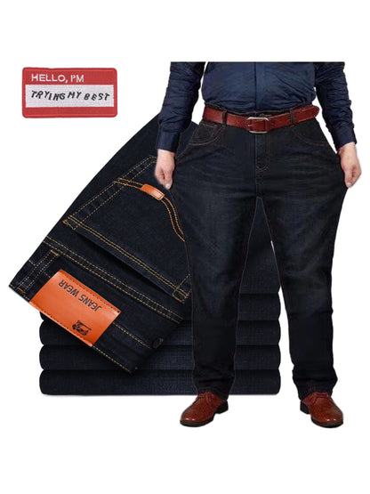 xieyinshe Plus Size Men Straight Leg Denim Long Pants, Loose Oversized Solid Color Jeans Fot Casual Business