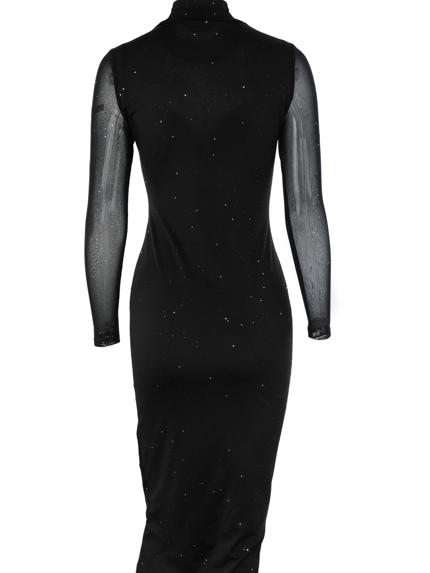 xieyinshe  Rhinestone Contrast Mesh Bodycon Dress, Long Sleeve Mock Neck Party Dress, Women's Clothing