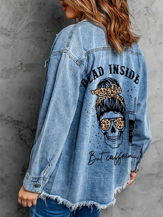 Blue Skull Pattern Denim Jacket, Long Sleeves Frayed Hem Lapel Denim Coat, Halloween Women's Denim Clothing